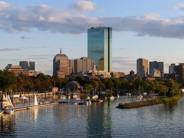 Back Bay skyline across the Charles River from the Longfellow Bridge. Flights from Boston to Detroit