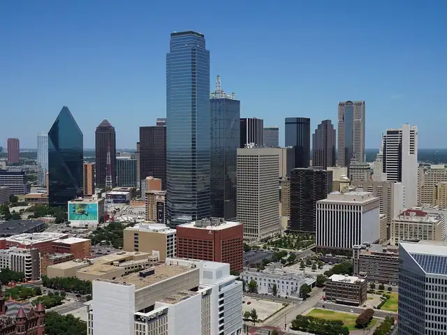 Downtown Dallas skyline seen from Reunion Tower. Flights from Dallas to Las Vegas