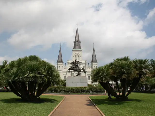 Jackson Square and St. Louis Cathedral in the French Quarter of New Orleans. Flights from Denver to New Orleans